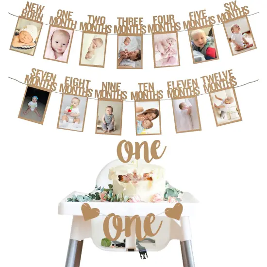 1st Birthday Baby Photo Banner for Newborn to 12 Months And Alphabet ONE Bunting, Alphabet ONE Cake Topper for Baby Show First Birthday Party Decoration {2}