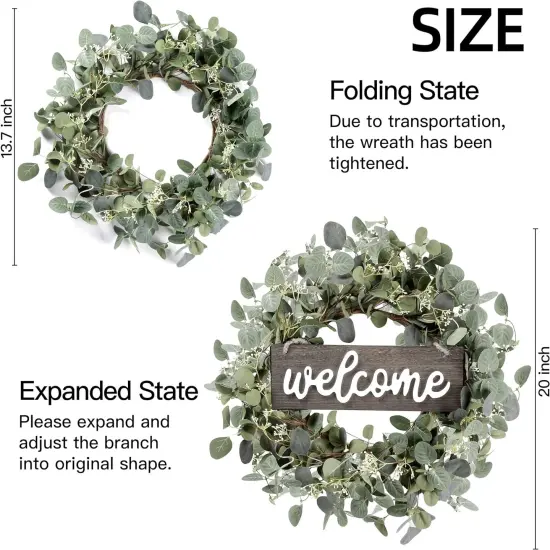 20-inch Green Eucalyptus Wreath with "Welcome" Sign &ndash; Front Door Decor {5}