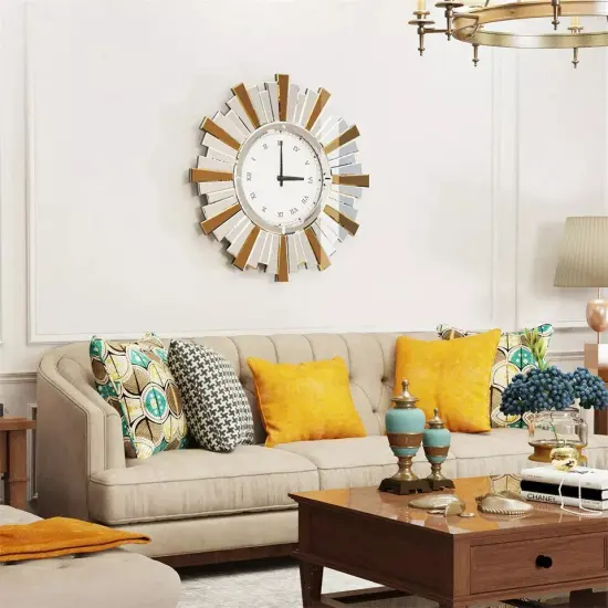 Rustic Beveled Mirrored Wall Hanging Clock Large Sunburst Mirrors for Home Decor {2}