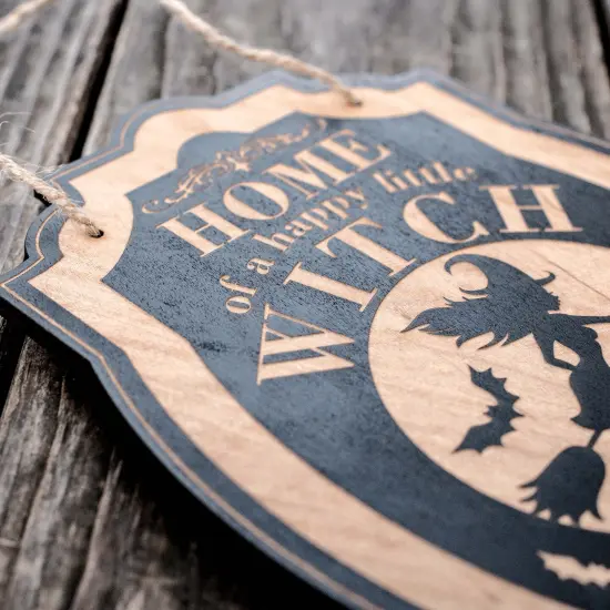 Home of a Happy Little Witch - Black Halloween Door Sign 7x9 {3}