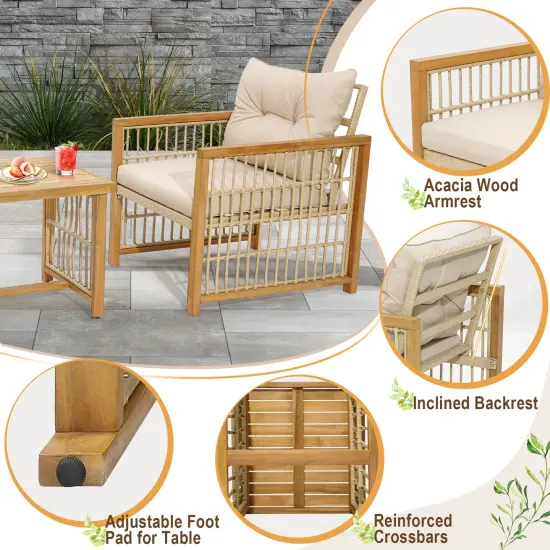 Costway 3PCS Patio PE Wicker Conversation Set Acacia Wood Frame withSeat & Back Cushions {5}