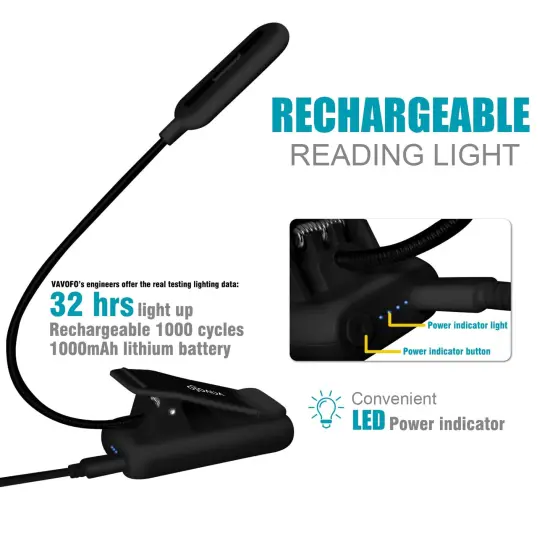 Rechargeable Reading Light, 7 LEDs with 9 Color Temperature 9 Brightness Levels Clip On Book Light for Reading in Bed with Power Indicator for Bookworms (Black) {4}