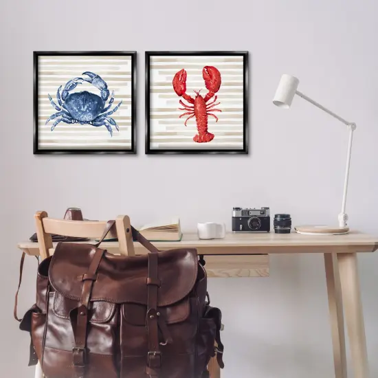 Stupell Industries Nautical Crab & Lobster Beige Stripes Framed Floater Canvas Wall Art Black Floater Frame {2}