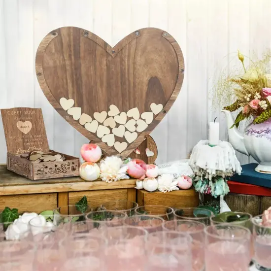Elegant Wooden Wedding Guest Book w/ 88pcs Hearts and Stand Reception Guestbook {1}
