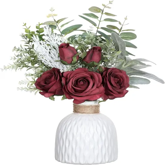 Silk Roses & Eucalyptus in Ceramic Vase Decor White {2}