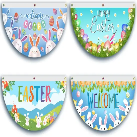 Welcome Peeps Easter Fan Flag, Cute Bunny Eggs Easter Bunting Flag, Happy Easter Half Fan Banner Flag {1}