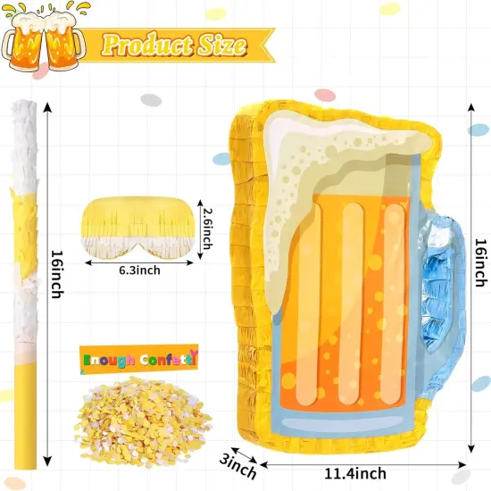 Beer Pi&ntilde;ata with Stick and Blindfold Confetti Cheers to Beers Glass Mug Hanging Decoration Mexican Pi&ntilde;atas for Adult Birthday Bachelor Party Game Supplies (Lovely) {2}