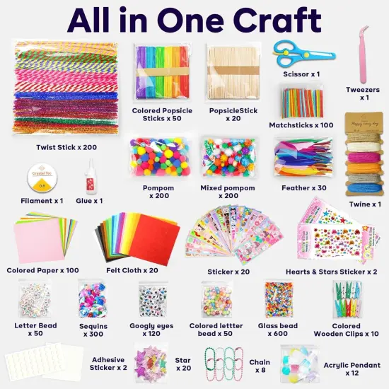 Arts and Crafts Supplies for Kid - Crafts for Girls Age 3, 4, 5, 6, 7, 8, 9 Years Old, Craft Kit with Pipe Cleaners, Pompoms & Craft Tools, Birthday Gifts for 4-8 Boys & Girls {2}