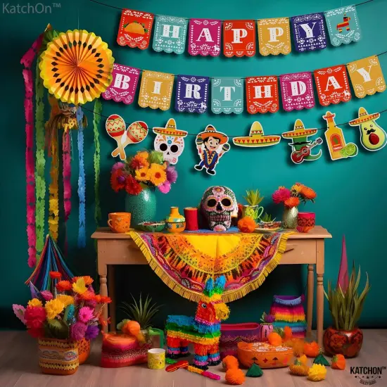 Fiesta Happy Birthday Banner - 15 feet, 3 String | Cinco De Mayo Theme, Mexican Fiesta Pinata Sombrero Garland for Mexican Birthday Party Decorations | Mexican Banner Fiesta Party Decorations {3}