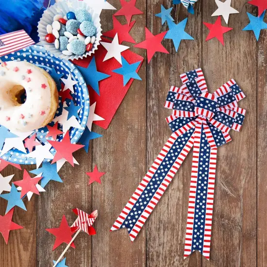 6 Pcs 4th of July Patriotic Wreath Bow Red White Blue Stripe Star Bow American Flag Bunting Bows Memorial Day Decoration for Indoor Outdoor Holiday Independence Day Decorations {5}