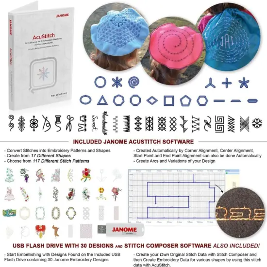 Janome Memory Craft 550e LE Embroidery Machine Bundle - Includes Genuine 5-Spool Thread Stand, Janome 3.9" x 1.6" Hoop, Acustitch Software + Janome USB Flash Drive w/ 30 Embroidery Designs {2}