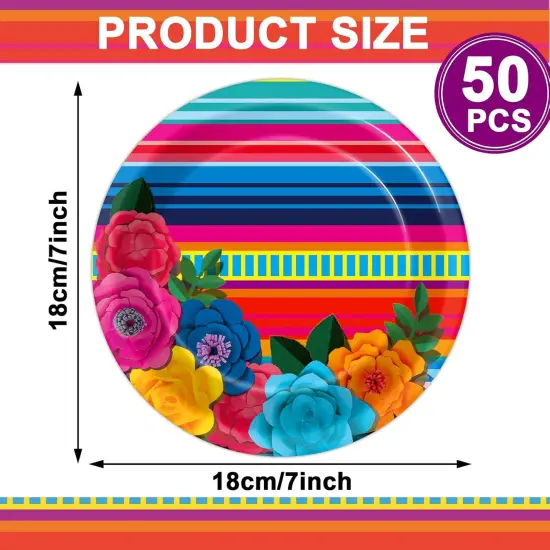 50Pcs Mexican Fiesta Paper Plates 7" Stripes Mexico Party Disposable Mexican Floral Platos Tableware for Mayo Fiestas Dessert Pinata Mexico Taco Colorful Ponchos Party Decoration Supplies {2}