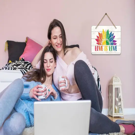 Love is Love Decor Sign 8"x12" Gay Pride LGBTQ Rainbow Door Signs Bisexual Pride Gay Stuff Hanging Signs Gay Lesbian Pride Party Decor Signs for Home Front Door Wreath Porch Wall Decorations {2}