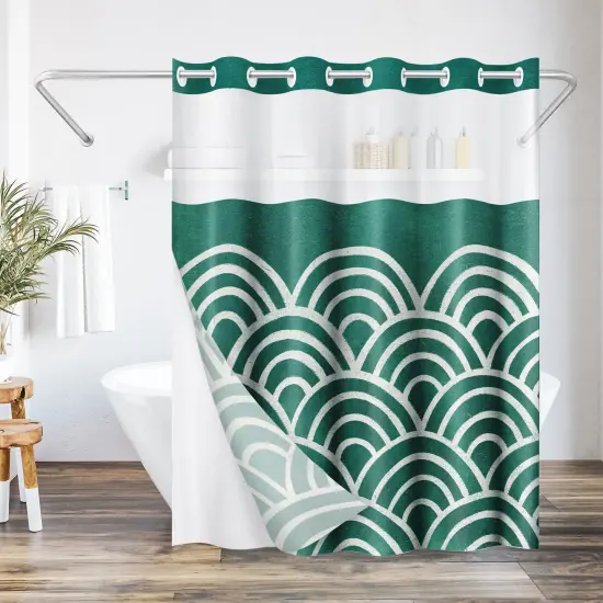 Americanflat 72x75 Hookless Shower Curtain - Abstract Green White Shower Curtain with Sheer Panel, Snap-In Liner, and Grommets - 100% Polyester {1}
