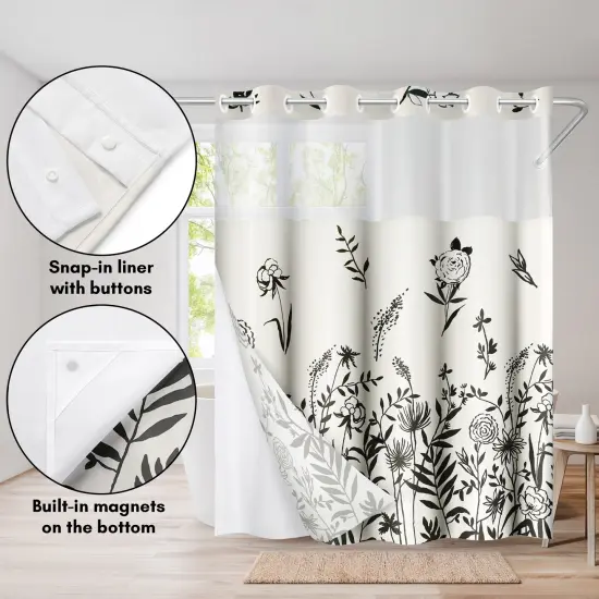 Americanflat 72x75 Hookless Shower Curtain - Floral Cream and Black Shower Curtain with Sheer Panel, Snap-In Liner, and Grommets - 100% Polyester {4}