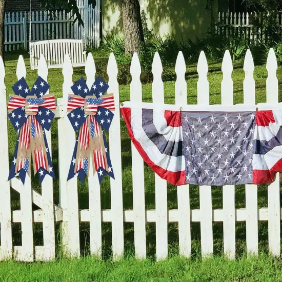 2pcs Patriotic Bows for Wreath, Memorial Day Wreath Bows 4th of July Burlap Bows for Front Door, Red White America Flag Blue Patriotic Star Tree Topper Bow for Indoor Outdoor Decoration {3}