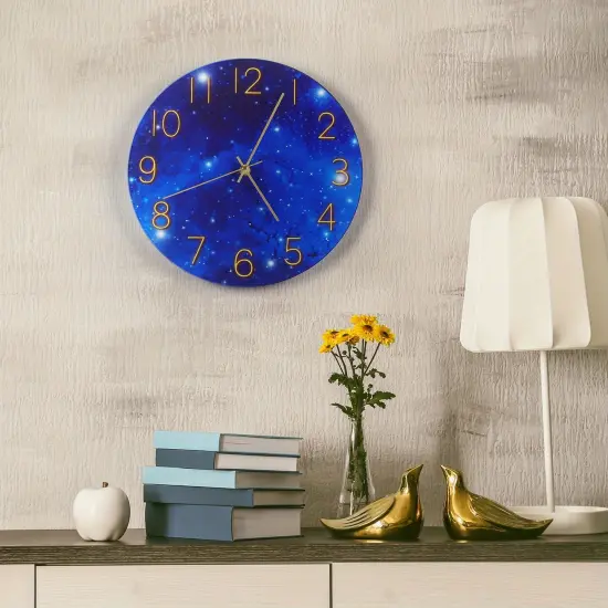 12-Inch Blue Glass Galaxy Wall Clock for Bedroom, Living Room, Office &ndash; Frameless Silent Battery Operated Round Clock with Tempered Glass (Requires 1x AA Battery) {1}