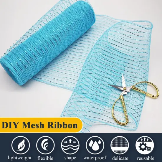 2 Pcs Blue Deco Mesh Ribbon Rolls 10 Inch 10 Yards(30 ft) Decorative Mesh Fabric with Foil {3}