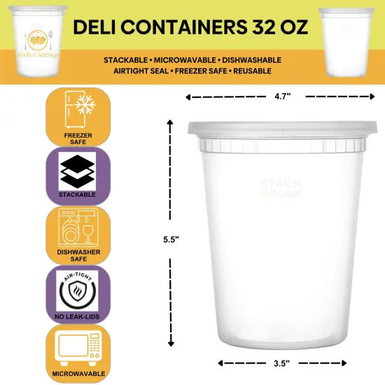 Perfect Settings 32oz Deli Containers with Lids - 24 Sets Quart Freezer Storage Containers - Leakproof, Stackable, Microwave Safe Soup Storage Plastic Soup Containers for Meal Prep Leftovers Takeout {6}