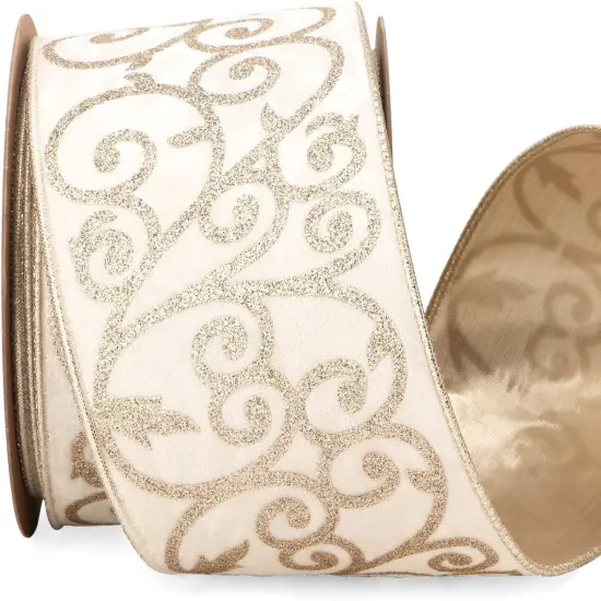 Ivory Velvet Ribbon Wired with Glitter Swirl 4 Inch Christmas Ribbon {1}