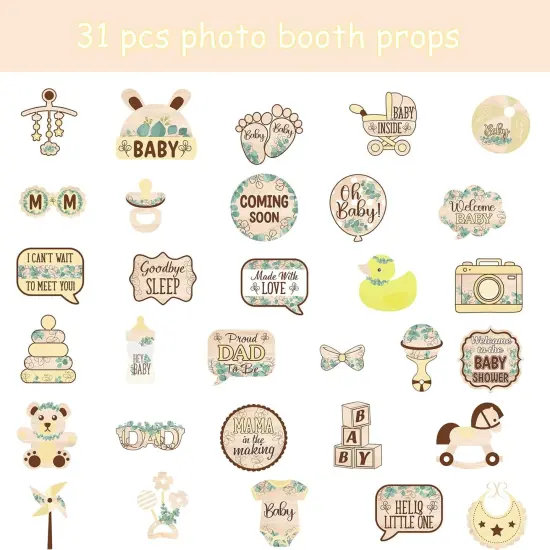 31pcs with Sticks Wood Grain Sage Green Boho Neutrals Baby Selfie Props {3}