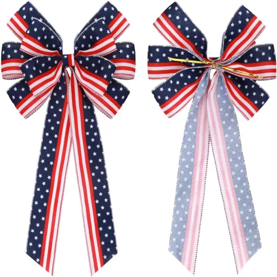 2 Pcs Large Patriotic Bows for Wreaths American Flag Stars Bow for 4th of July,Independence Day Bunting Indoor Outdoor Party Decor (Red White Blue Star Bows) {2}