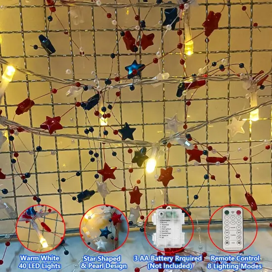 14Ft 40 LED Red White Blue Star Garland with Lights for 4th of July Decorations {2}