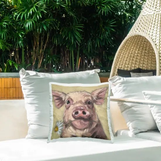 Stupell Industries Pig Holding Daisy Sprig Outdoor Printed Pillow design by Sara G. Designs, 18 x 7 x 18 {2}