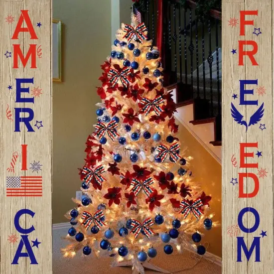 10 Pieces 4th of July Bows for Wreath, Patriotic Wreath Bows Red Blue Natural Burlap Bows American Stars Craft Bows Memorial Day Decorations Tree Bows for Front Door Supplies {4}