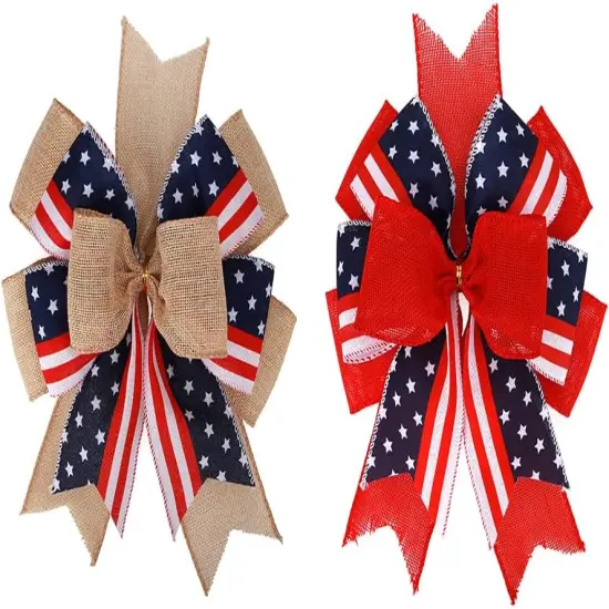 Patriotic Bows for Wreaths Large Burlap Red White Blue Stripe Stars Bow for 4th of July Independence Day Decor,Decorations Bunting Indoor Outdoor Decor and Patriotic Party (12&rdquo;x9.4 inch) {1}