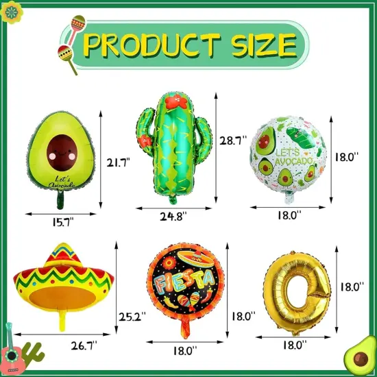 18 PCS Fiesta Party Supplies - Taco, Mexican, Cactus, Avocado, Hat Jumbo Mylar Foil Balloons - Cinco De Mayo Party Decorations {5}
