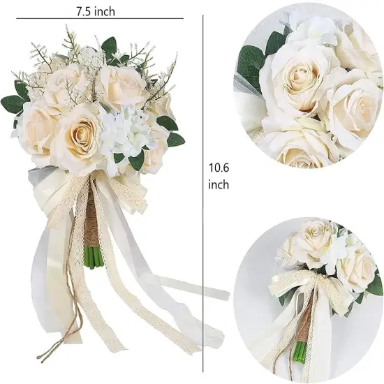 Wedding Bouquets for Bride Bridesmaid, White Champagne Ivory Bridal Bouquet Artificial Flowers Roses Tossing Bouquet for Wedding Ceremony {3}