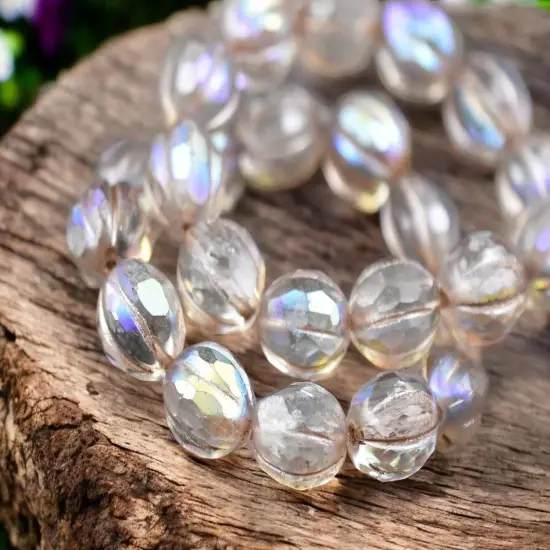 *12* 10mm Metallic Beige Washed Crystal AB Faceted Round Melon Beads {4}