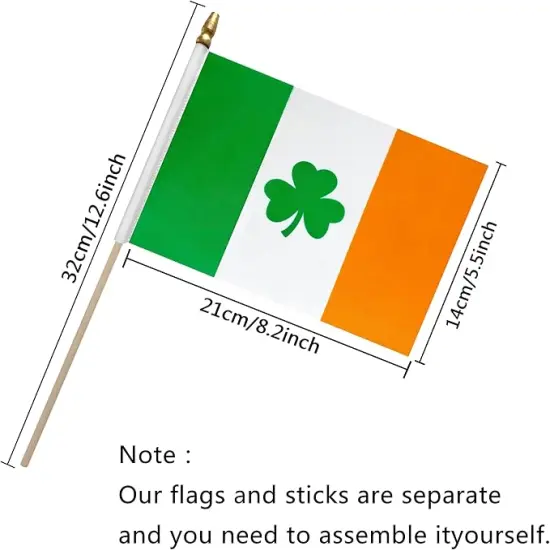 TSMD Ireland Irish Shamrock Stick Flag Saint Patrick's Day Clover Small Mini Hand Held Flags,5x8 Inch,12 Pack {2}