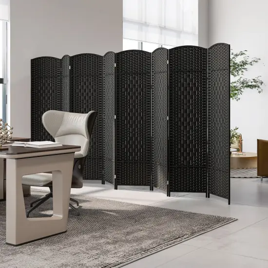 8-Panel Folding Room Divider with Hand-Woven Texture and Solid Wood Frame Black {5}