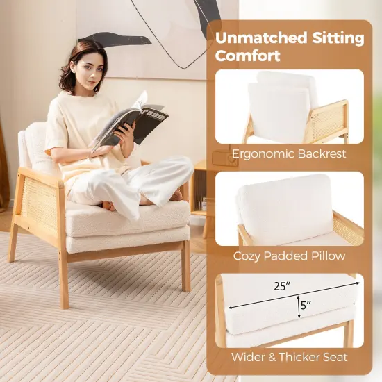 Mid Century Modern Accent Chair with Rattan Arms and Cushion Natural {6}