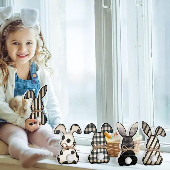 5 Pcs Easter Bunny Wooden Signs Buffalo Plaid Bunny Decor with Jute Rope Easter Decorations for The Home Tabletop Decorations for DIY Home Office Farmhouse {4}