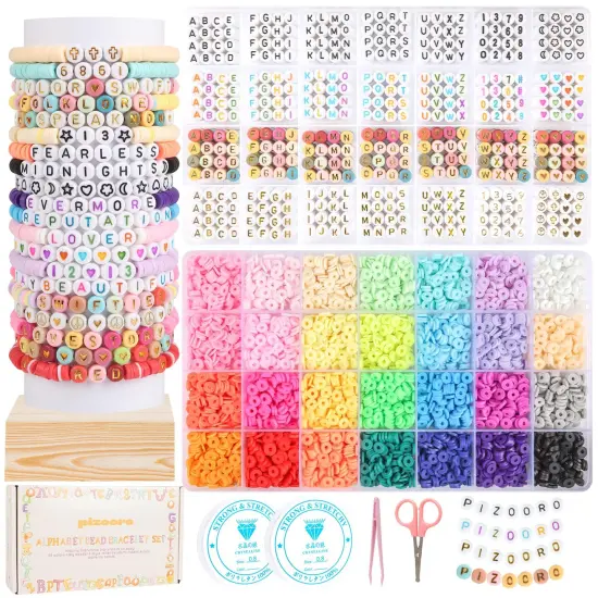 Bracelet Kit with 28 Colors, 5040 Clay Beads, 1200 Letter Beads for Jewelry Making - 4 Styles of Round Alphabet, Number, Heart & Pattern Beads {1}