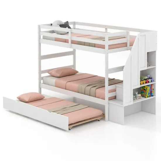 Twin Bunk Bed with Guard Rail and 4-Step Storage Stairs No Box Spring Needed White {8}