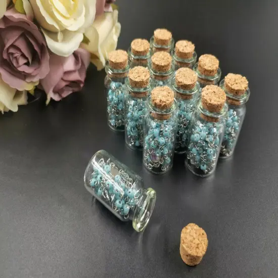 12 Rosary in Glass Bible Cross Blue Beads CATHOLIC Mary Crucifix Necklace Bottle {3}