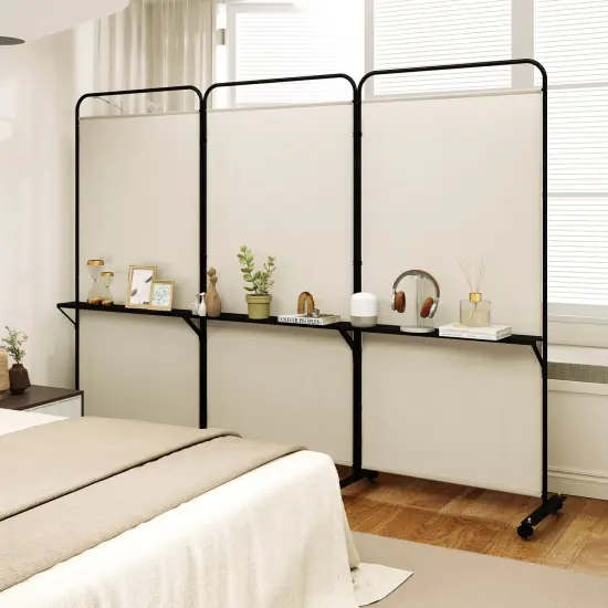 3-Panel Folding Room Divider with 3 Metal Shelves and Lockable Wheels White {6}
