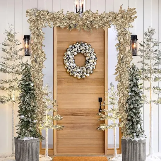 3 Pcs 6FT Christmas Garland Champagne Gold Glittered Artificial Holly Leaves for Mantle Christmas Tree Decorations Indoor Outdoor Hanging Garland Ornaments Garden Door Wall Window Stair Home Decor {4}