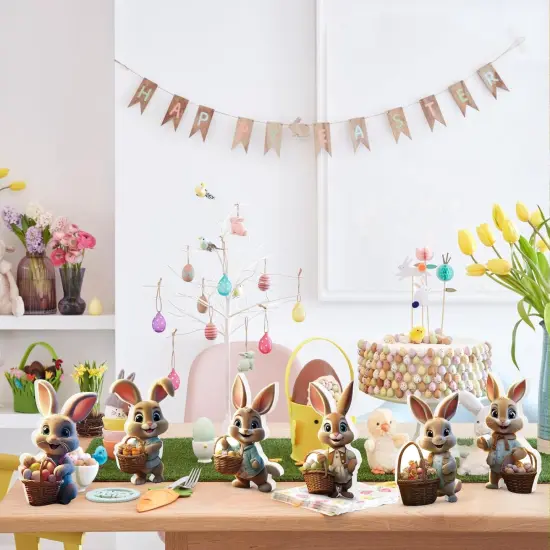 6 PCS Easter Bunny Decorations Indoor, Easter Bunny Wooden Signs, Table Centerpieces Easter Rabbit with Basket Egg {3}