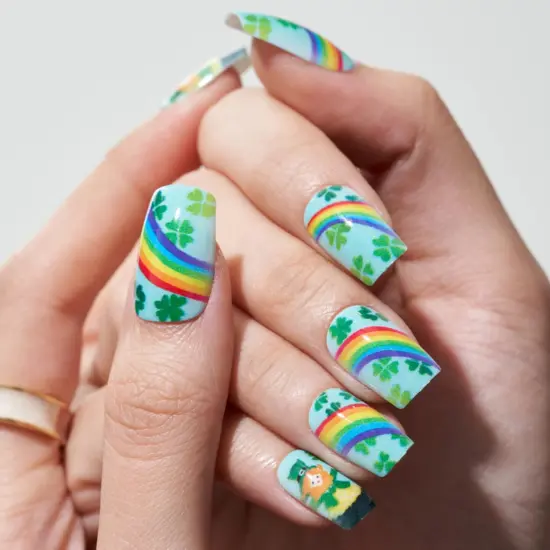 Green Press on Nail Medium Square, Fall Lucky Clover Fake Nail Short with Four Leaf Design for St.Patrick Day, Glitter Gloss Gel Glue on Nail Kit, Rainbow Acrylic Stick on False Nail {4}