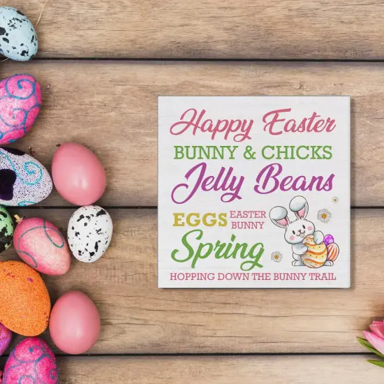 Easter Decor Happy Easter Bunny Wooden Sign, Easter Decorations for the Home, Easter Wooden Plaque Block Sign Rustic Home Kitchen Decor 5 x 5 Inches {4}