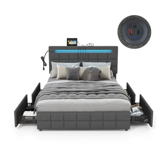 Grey Velvet Upholstered LED Bed Frame with Headboard and Storage Drawers {1}
