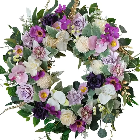 22" Artificial Flower Wreath Spring/Summer Floral Wreaths for Front Door with Roses Orchid Gardenia Dahlia Full and Elegant Decor for Inside Outside Wall Window Festival Party Wedding （White Purple） {1}