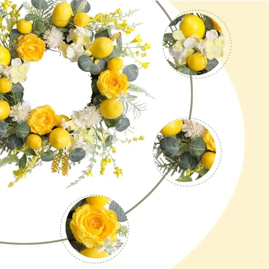 Summer 18 Inch Yellow Lemon Roses Wreath for Front Door, Eucalyptus Leaves with Hydrangea and Forsythia Flowers, Rustic Farmhouse Indoor and Outdoor Door Wreath for Home Decor {2}