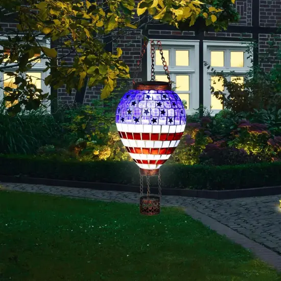 American Flag Hot Air Balloon Solar Lantern, Mosaic Outdoor Hanging Wind Light, IP44 Waterproof, Patio Decorations, Gift for Mom Wife Friend {3}