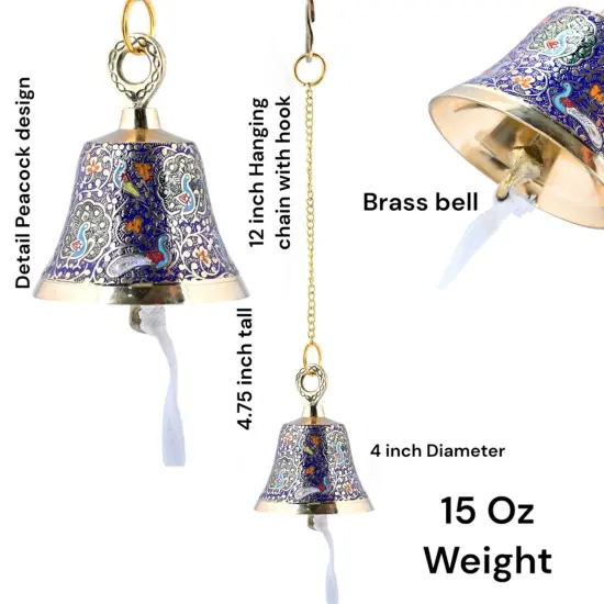 Antique Brass Hanging Bells with Chain for Temple Pooja Room Mandir Decor Peacock Print Small Hanging Bell - 4.75x4 inch Puja Ghanti for Housewarming Gift (Chain Length With Hook 12 Inches) White {5}